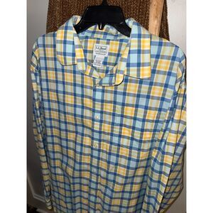 LL Bean Mens 2XL Blue Yellow Plaid Button Down Collard Shirt
